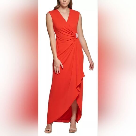 CALVIN KLEIN Scuba-Crepe Faux-Wrap Gown Embellished NWT size 4 red - Picture 1 of 7